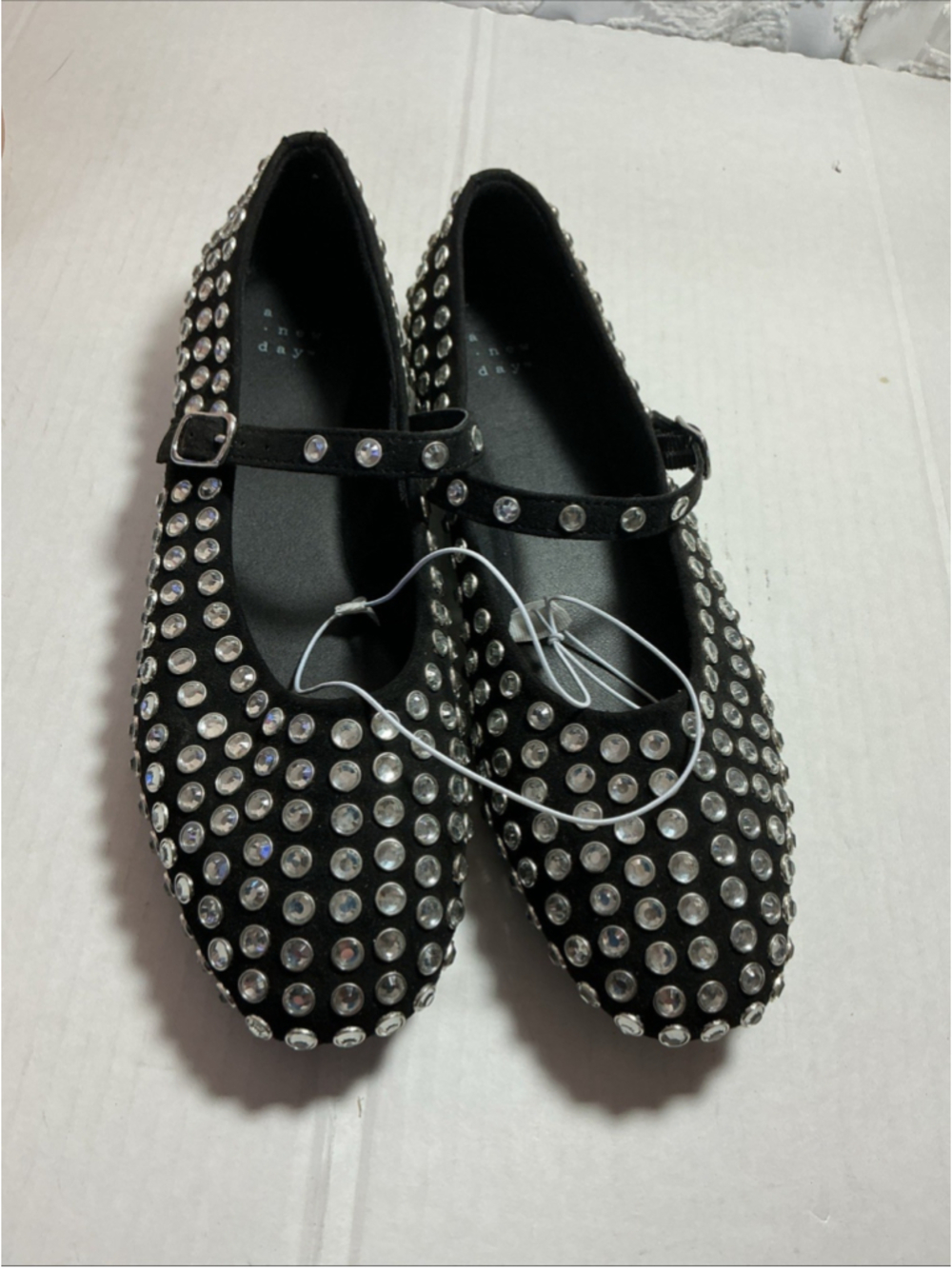 A New Day Shoes Womens Size 8 Black Mary Jane Flats Crystal Rhinestone Studded